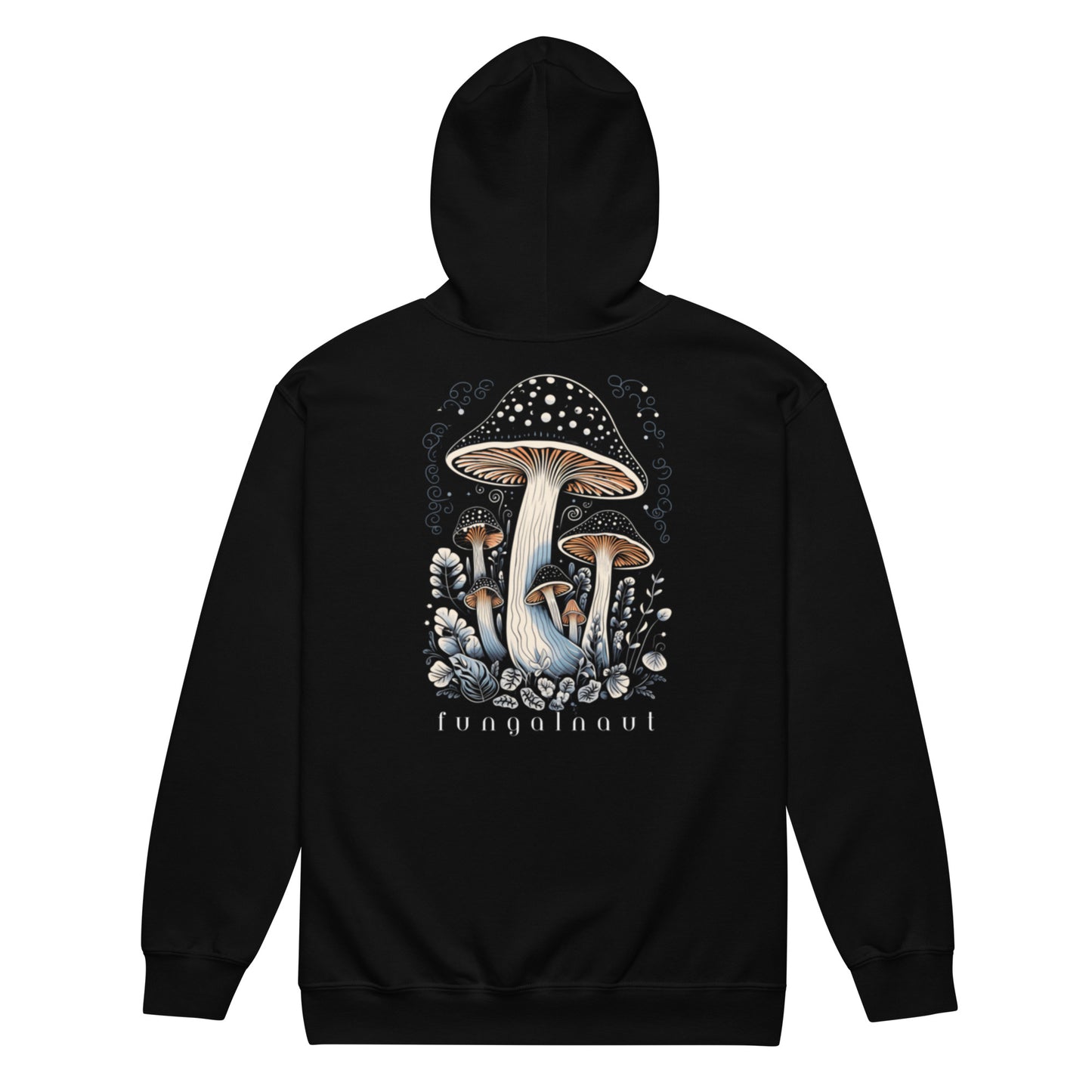 Fungalnaut Hoodie back view – Black zip-up hoodie with large mushroom art print by Fungal Drip