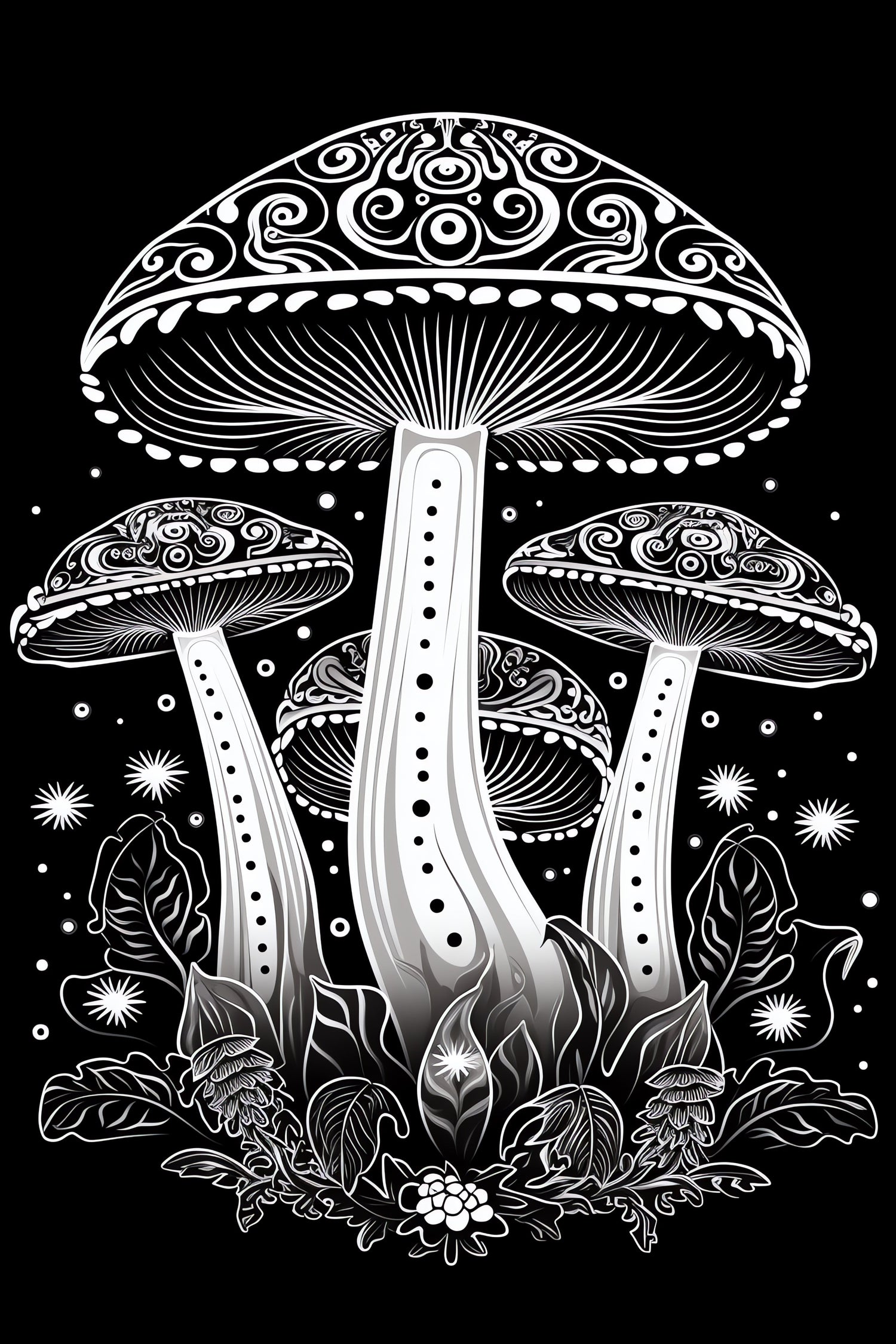 Black and white psychedelic mushroom illustration for the Monochrome Mycelium collection page.