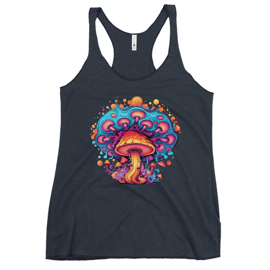 Psychedelic Fungal Dreamscape Tank Top front view – Vintage Navy psychedelic mushroom racerback tank by Fungal Drip