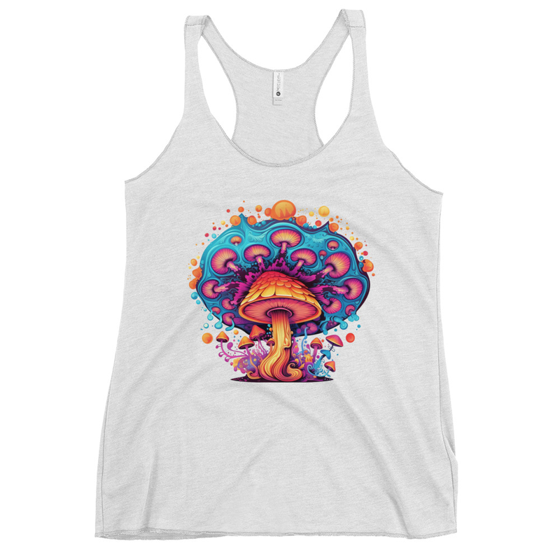 Psychedelic Fungal Dreamscape Tank Top front view – Heather White psychedelic mushroom racerback tank by Fungal Drip