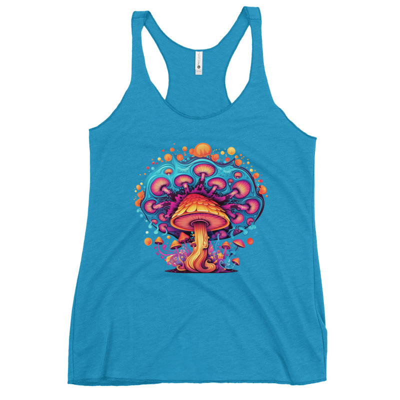 Psychedelic Fungal Dreamscape Tank Top front view – Vintage Turquoise psychedelic mushroom racerback tank by Fungal Drip
