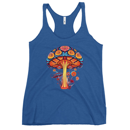 Vibrant Visions Tank Top front view – Vintage Royal psychedelic mushroom racerback tank by Fungal Drip