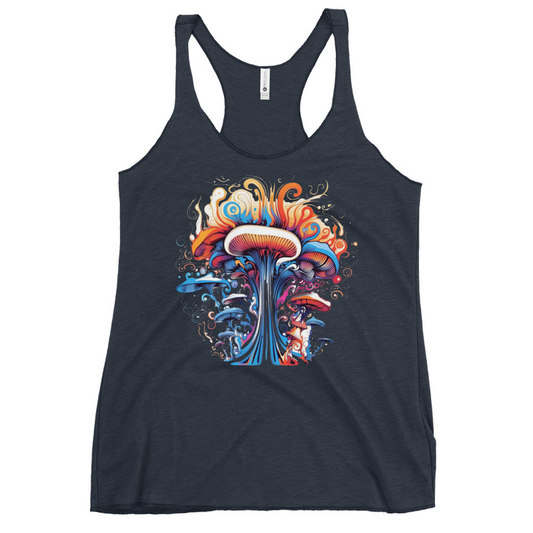 Mycology Maven Tank Top front view – Vintage Navy psychedelic mushroom racerback tank by Fungal Drip