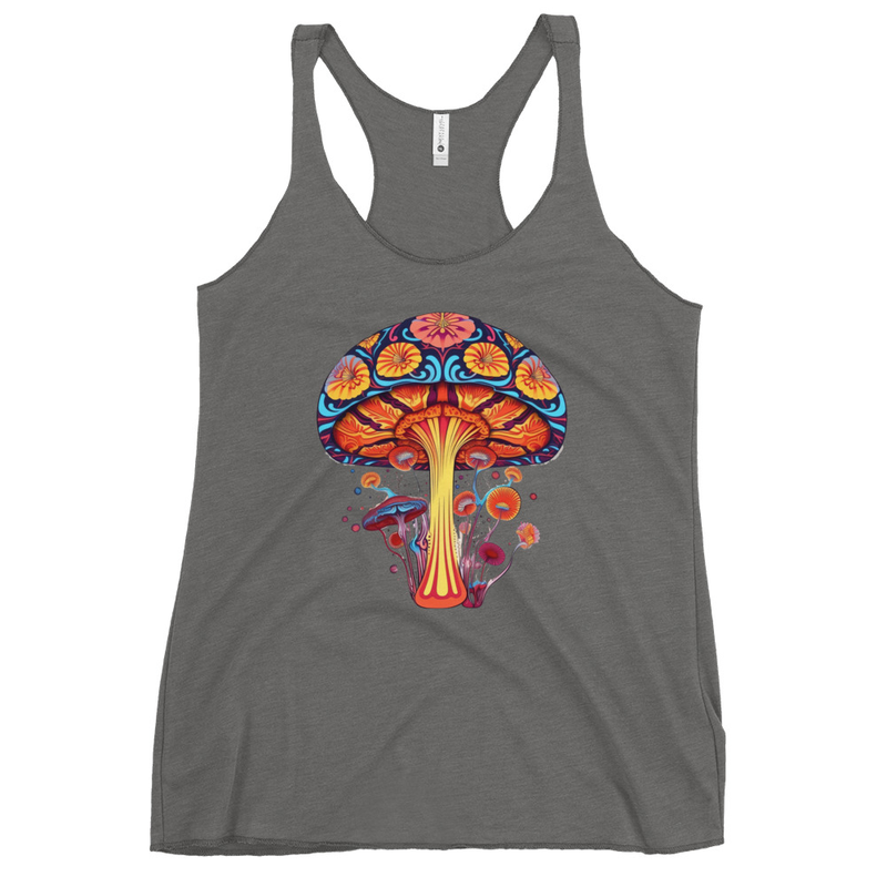 Vibrant Visions Tank Top front view – Premium Heather psychedelic mushroom racerback tank by Fungal Drip