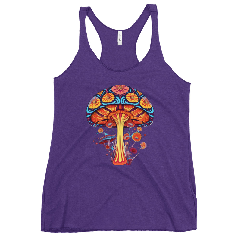 Vibrant Visions Tank Top front view – Purple Rush psychedelic mushroom racerback tank by Fungal Drip
