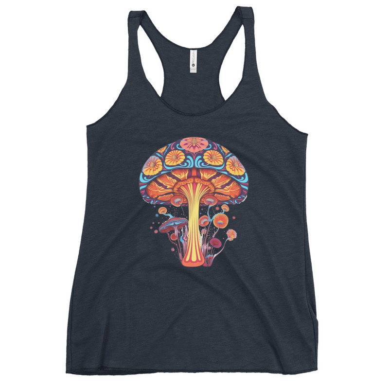 Vibrant Visions Tank Top front view – Vintage Navy psychedelic mushroom racerback tank by Fungal Drip