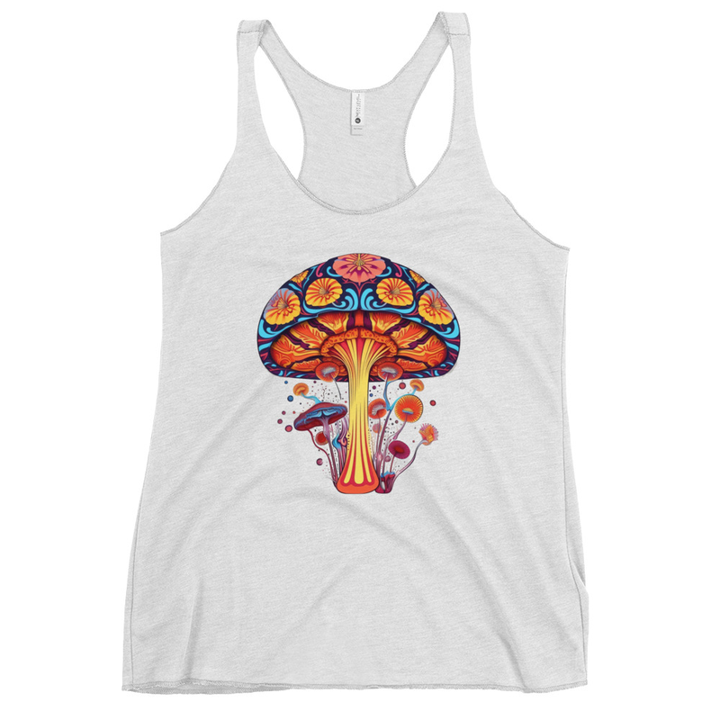 Vibrant Visions Tank Top front view – Heather White psychedelic mushroom racerback tank by Fungal Drip