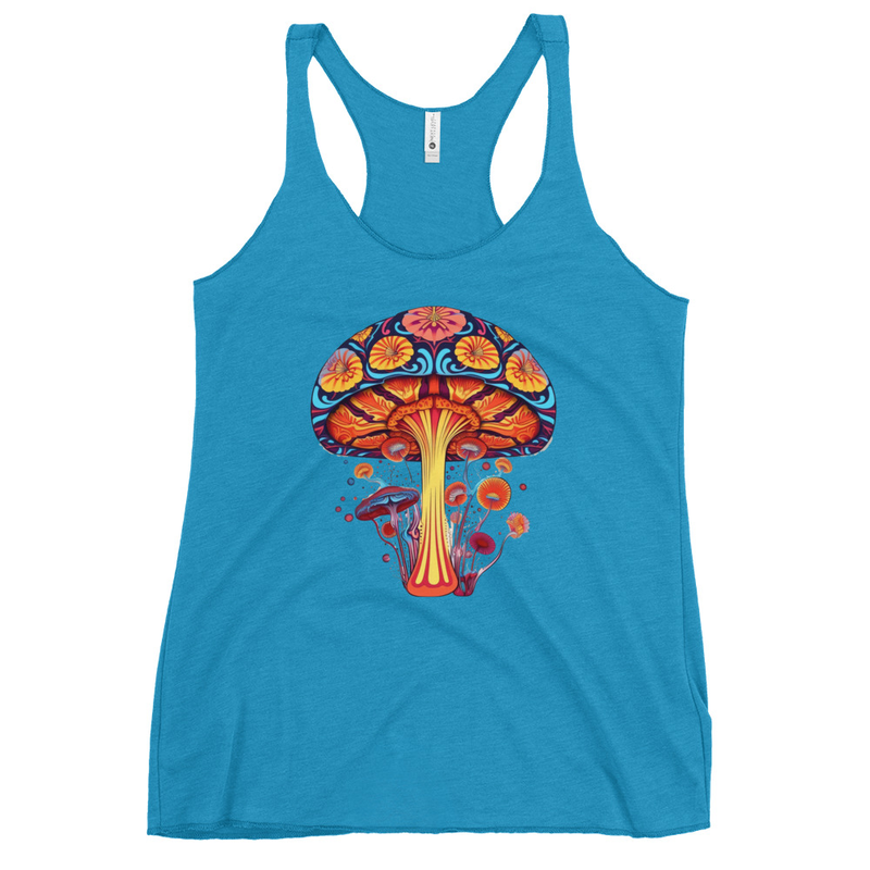 Vibrant Visions Tank Top front view – Vintage Turquoise psychedelic mushroom racerback tank by Fungal Drip