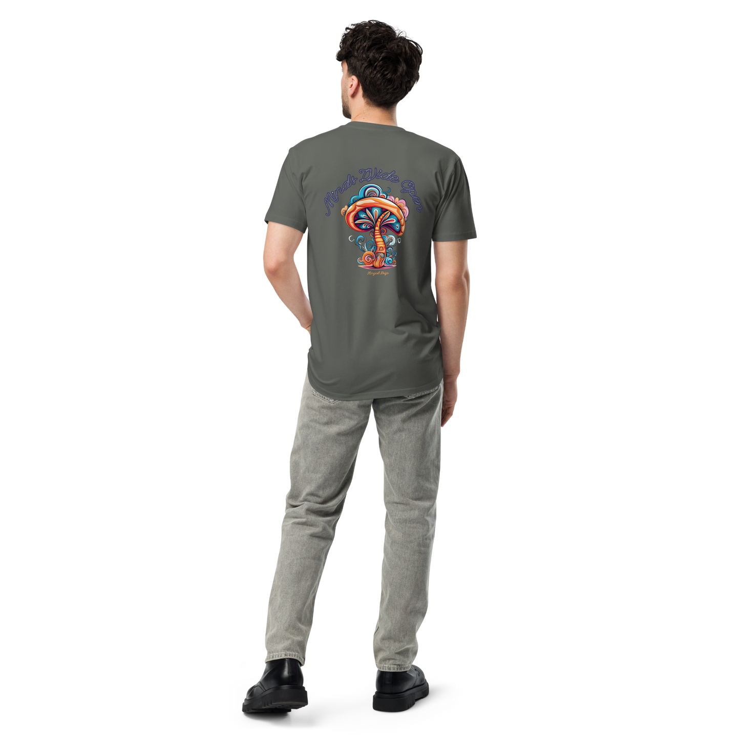 Premium T-shirt with colorful psychedelic mushroom illustration and scripted “Minds Wide Open” headline