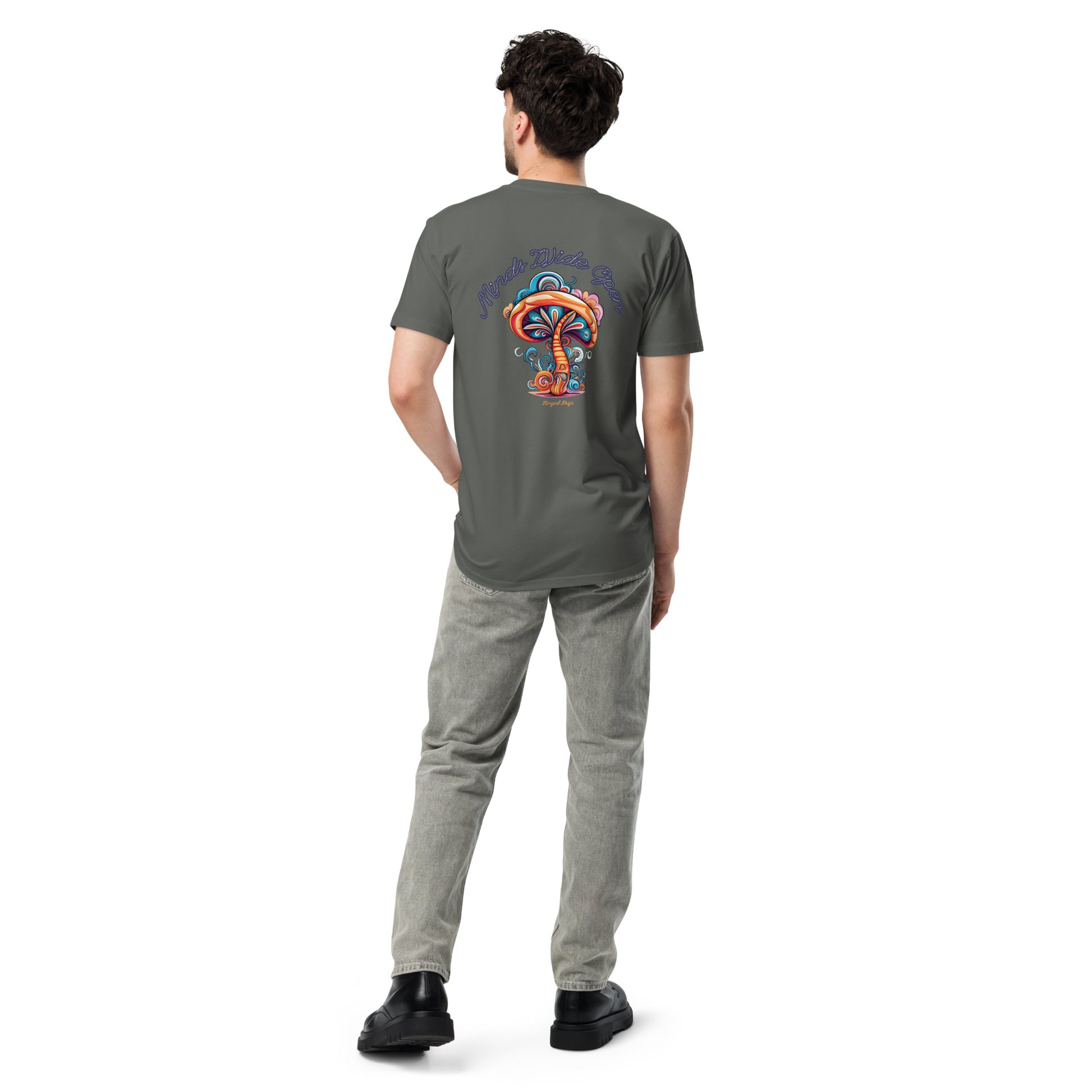 Premium T-shirt with colorful psychedelic mushroom illustration and scripted “Minds Wide Open” headline