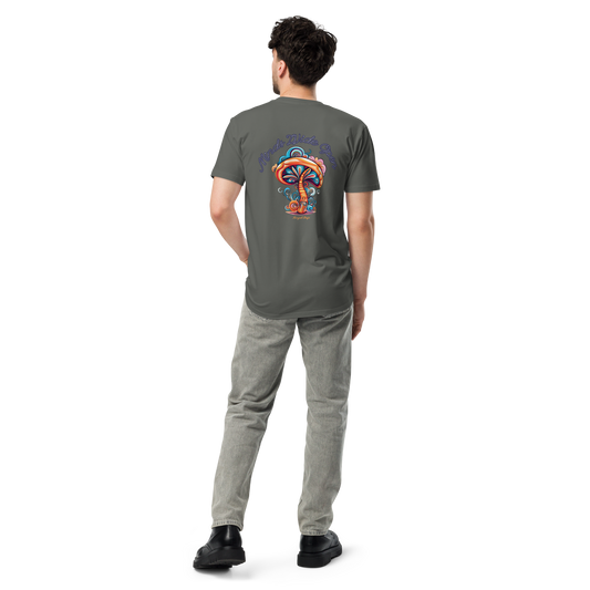 Premium T-shirt with colorful psychedelic mushroom illustration and scripted “Minds Wide Open” headline