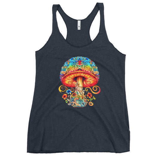 A navy tank top with a colorful illustration of a mushroom and its spores on the front.