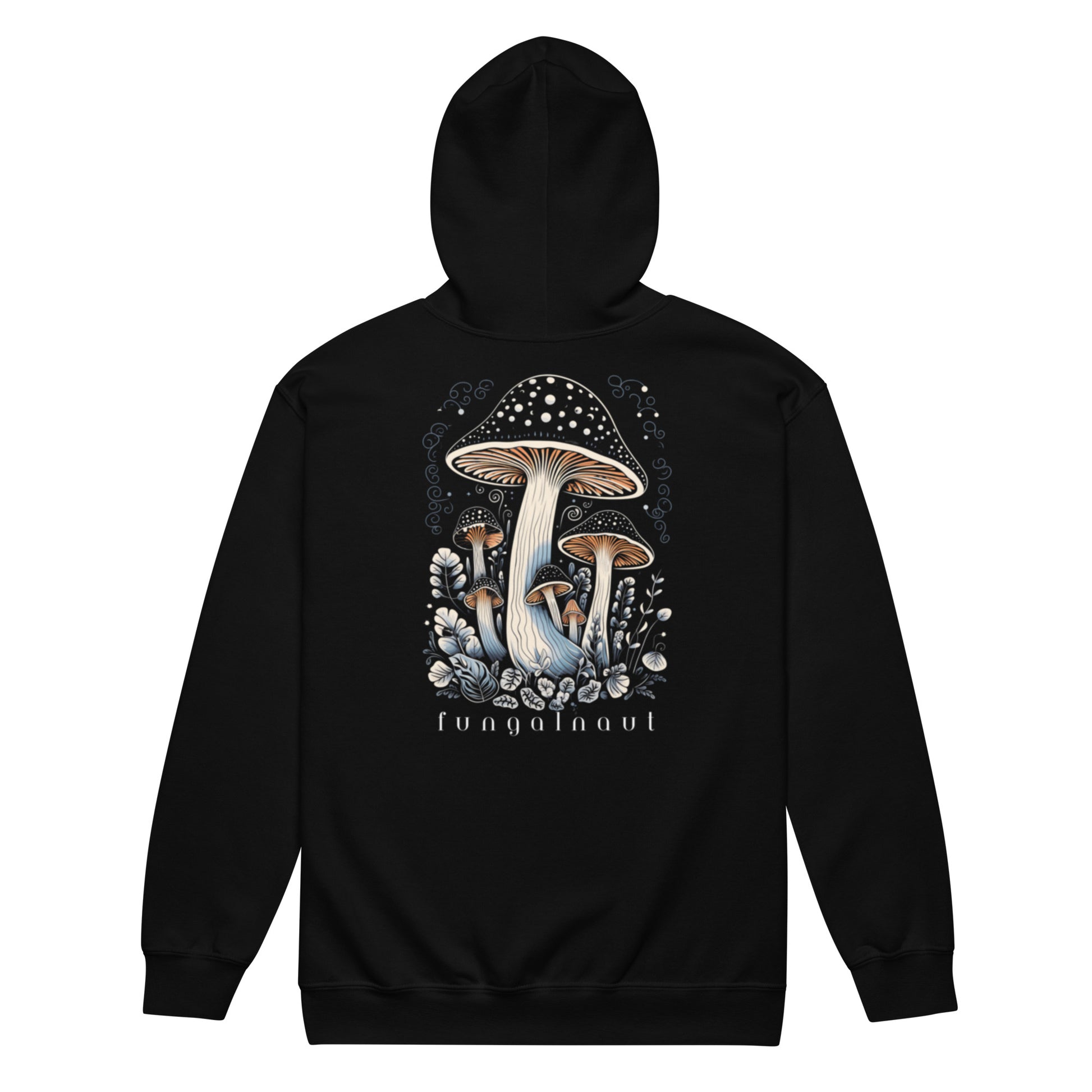 Fungalnaut Hoodie back view – Black zip-up hoodie with large mushroom art print by Fungal Drip