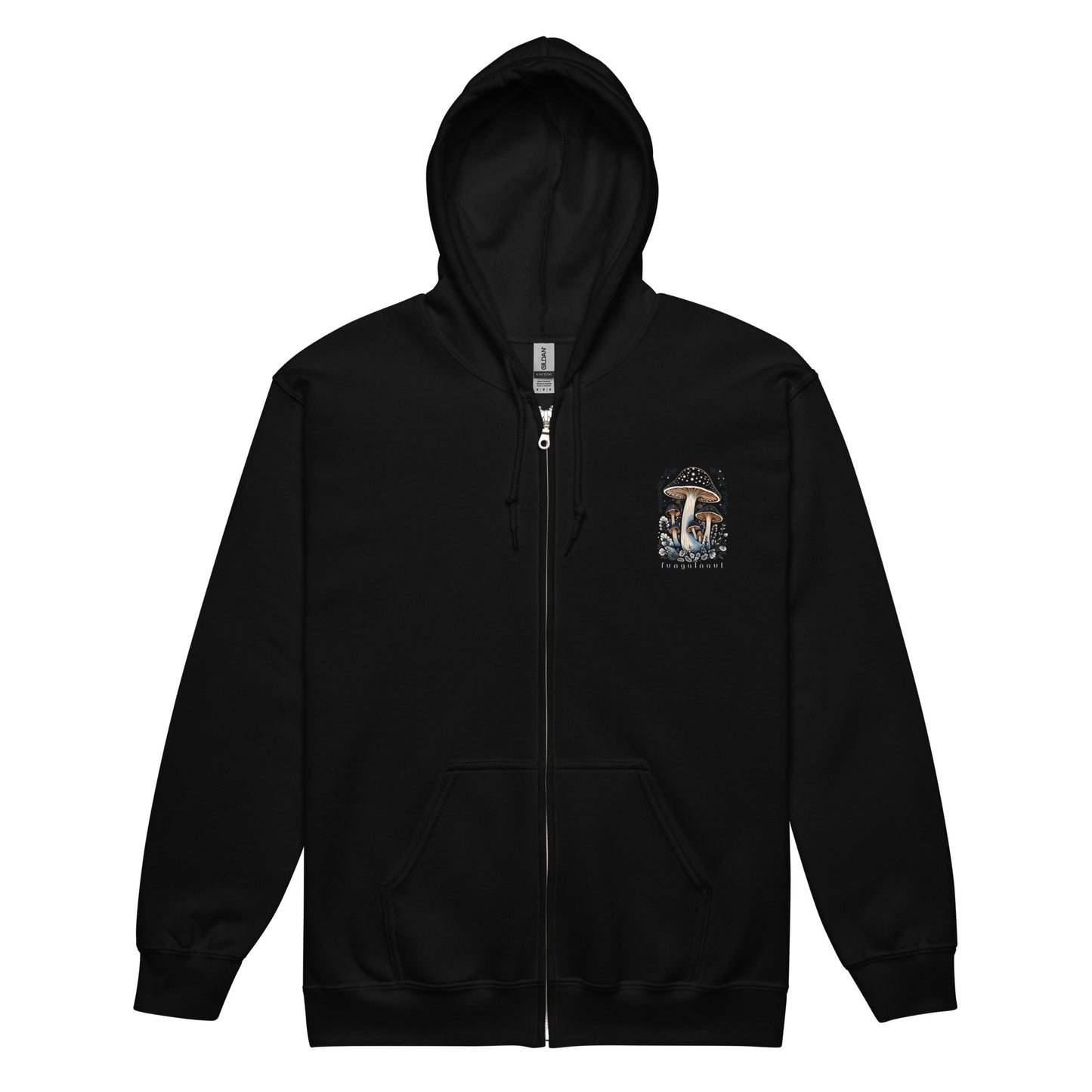 Fungalnaut Hoodie front view – Black zip-up hoodie with mushroom chest print by Fungal Drip